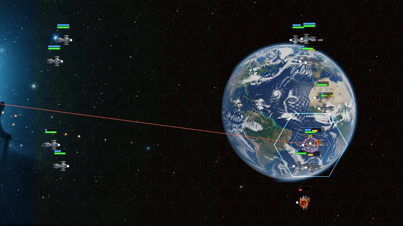 VCR combat replay of a fleet battle over a planet