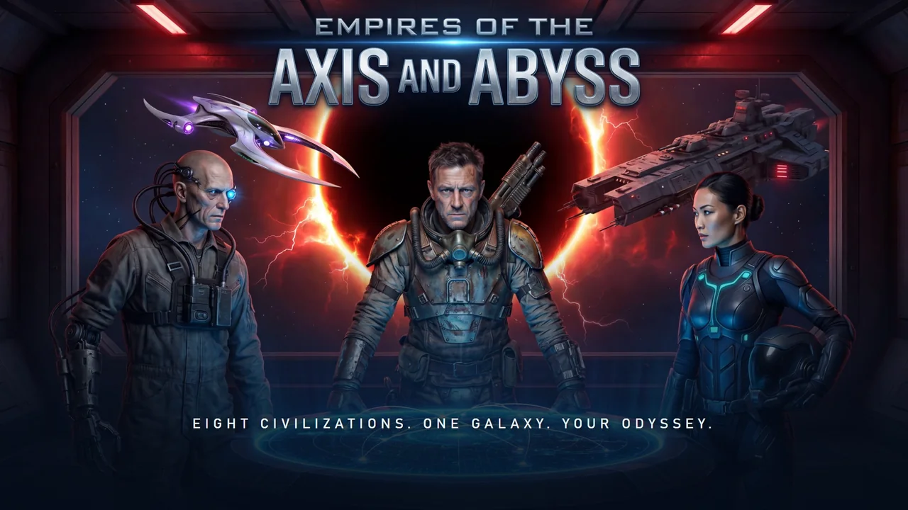 Empires of the Axis and Abyss trailer poster: three commanders before an eclipse