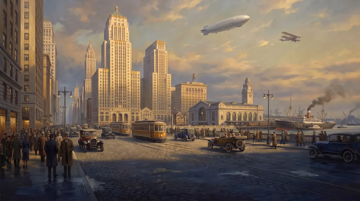 The Modern age: a skyline with an airship overhead