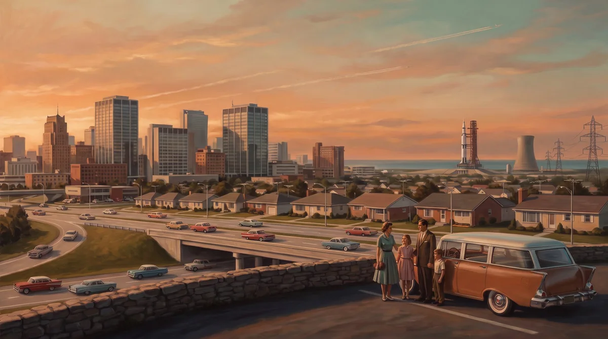 The Atomic age: suburbs, highways, a rocket on the horizon