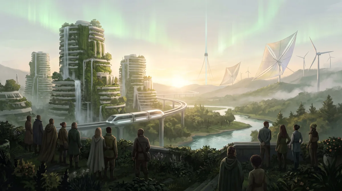 The far future: green towers and a monorail at dawn