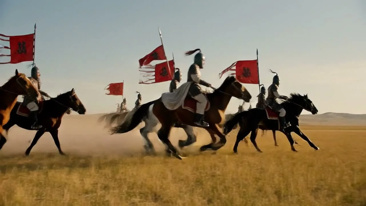 Bloodlines & Banners anthem trailer poster: riders under red banners on the steppe