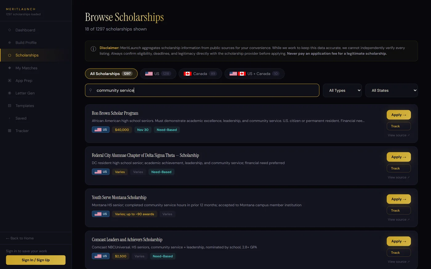 MeritLaunch scholarship browser